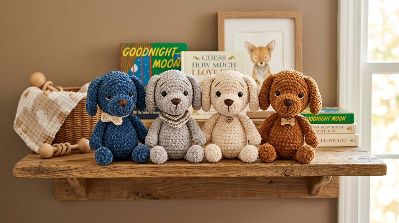 Four crochet puppies on shelf 202607271502