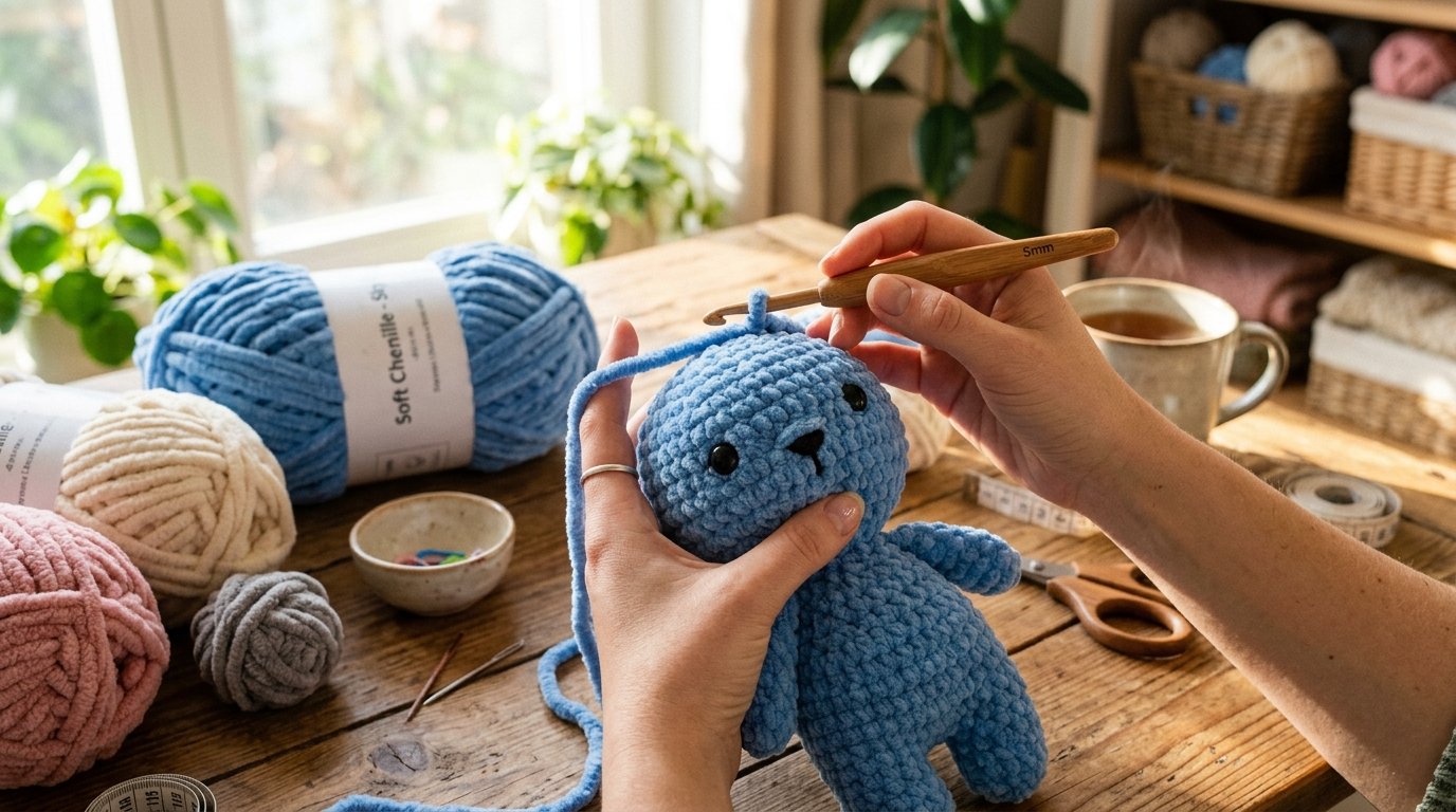 Hands crocheting blue puppy amig… 202607271501
