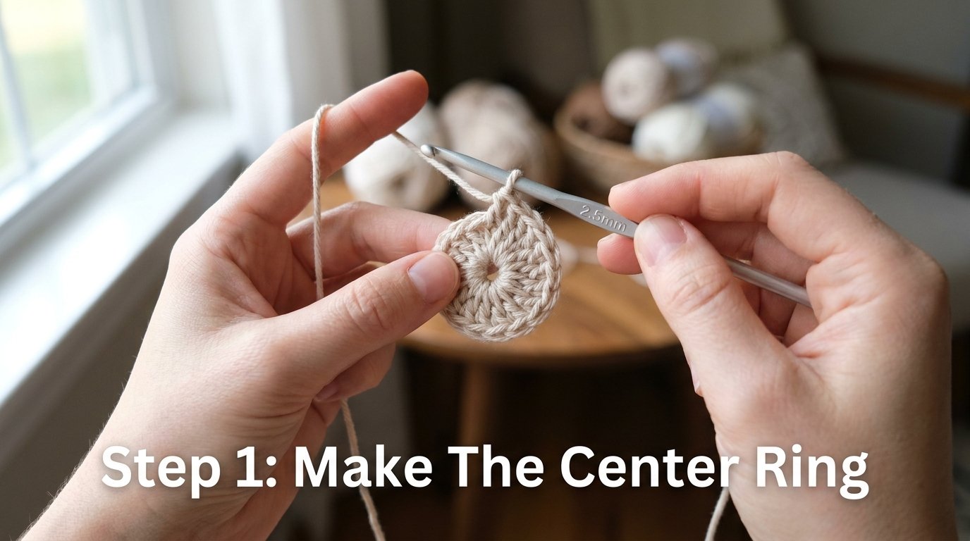 Circle Crochet Pattern Free (Easy Beginner-Friendly Coaster Tutorial) 3 Hands crocheting center ring 202607161652