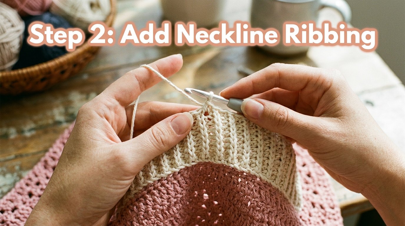 Hands crocheting ribbed neckline… 202607072353