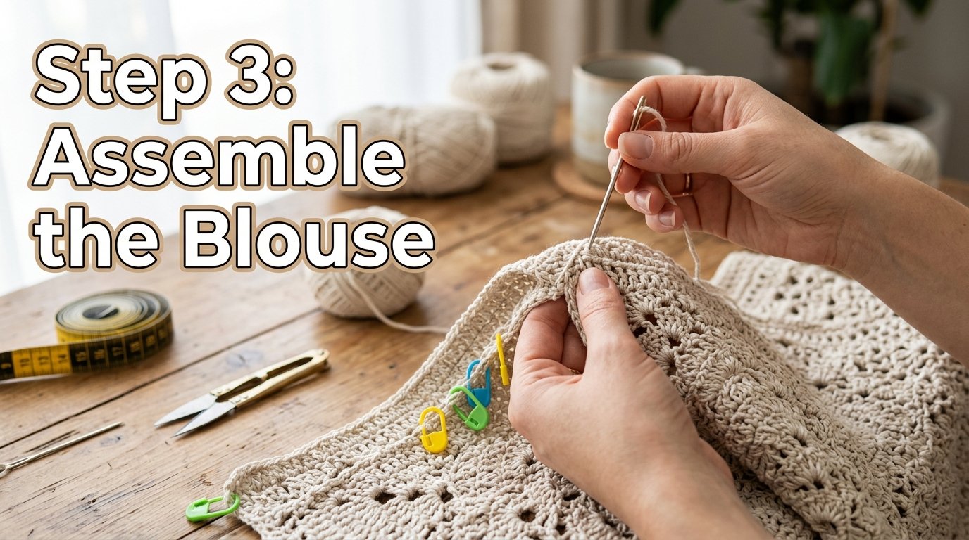 Hands sewing crochet blouse panels 202607072355