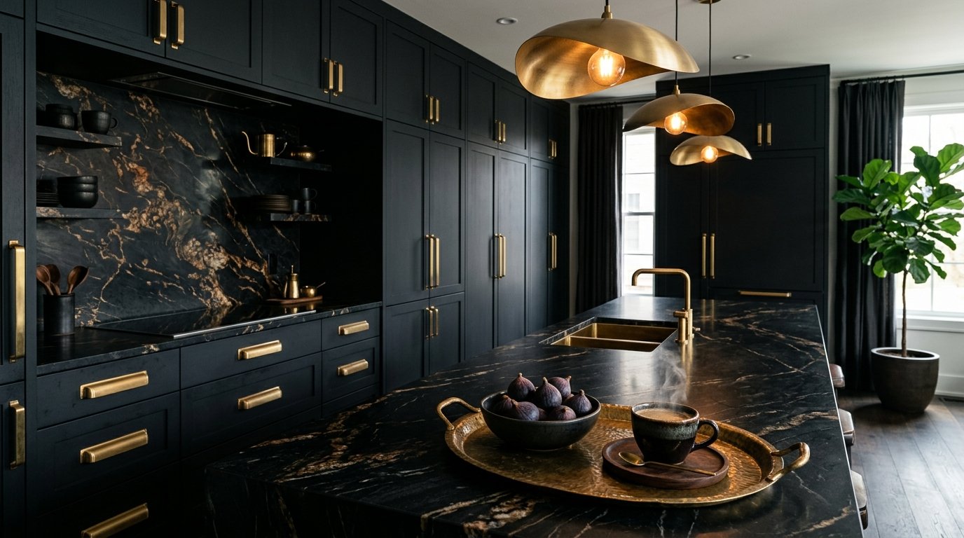 Kitchen with black cabinetry gol… 202608010120 kitchen color palette ideas
