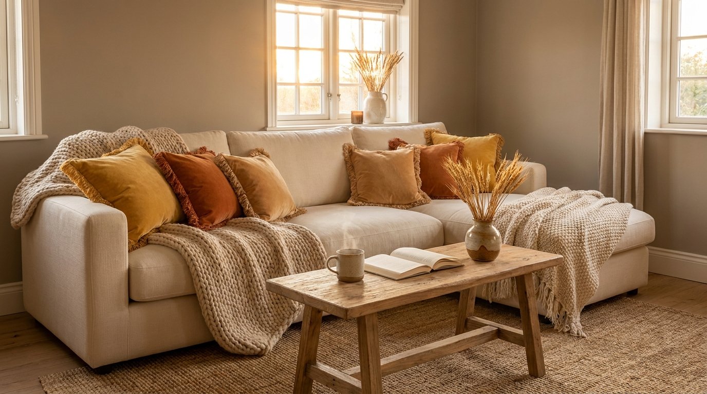 Living space with cream sofa 202607311942 Yellow and gray color combo
