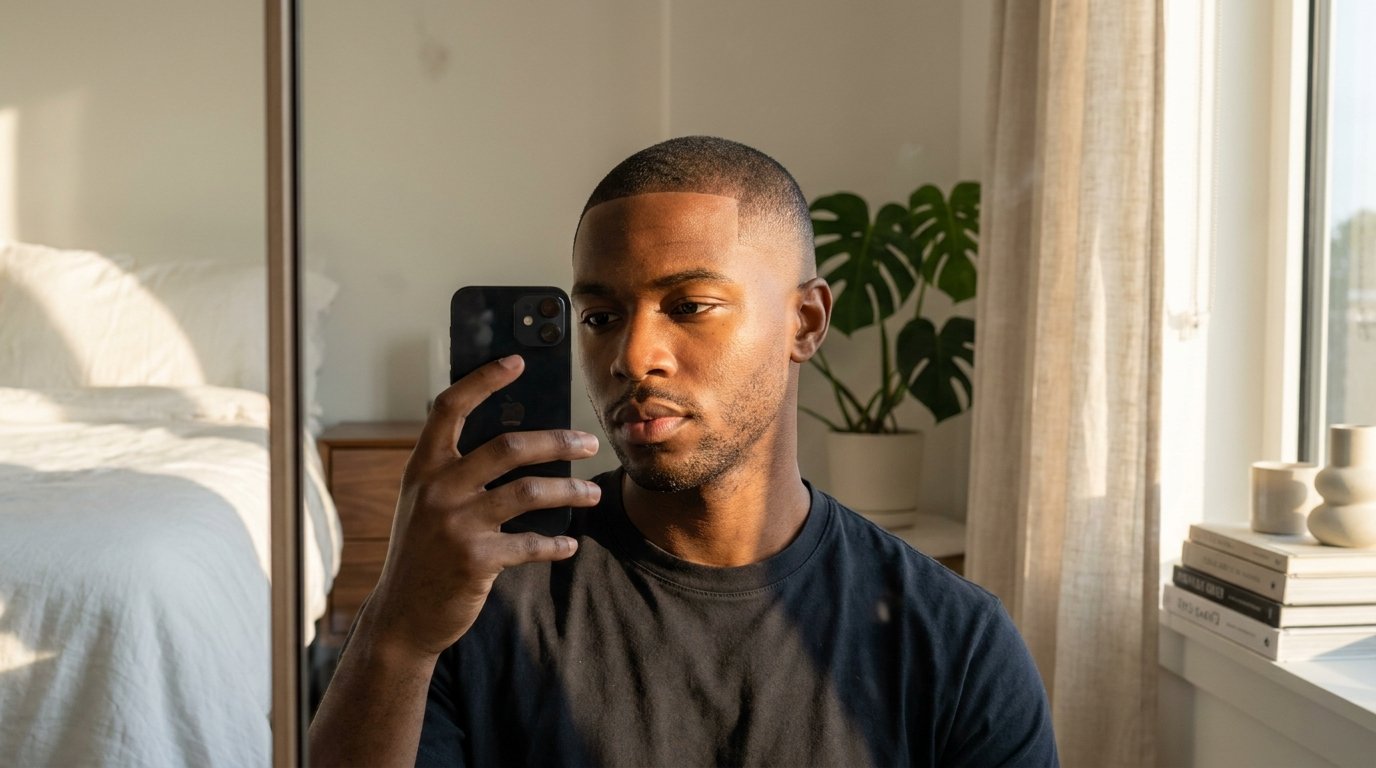Man taking iPhone selfie bedroom 202607231609 Shared bedroom ideas