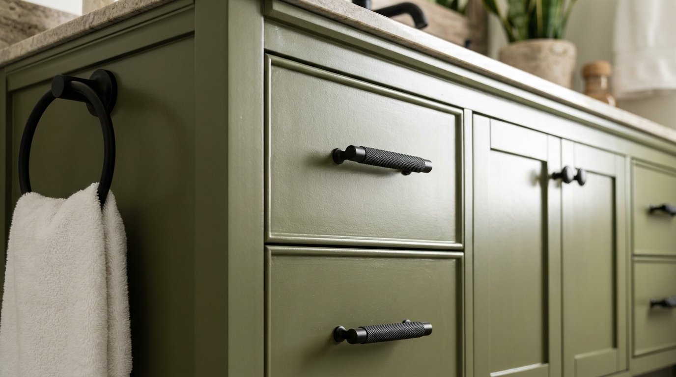 Olive green vanity cabinet details 202607271931 Olive green and black color combo