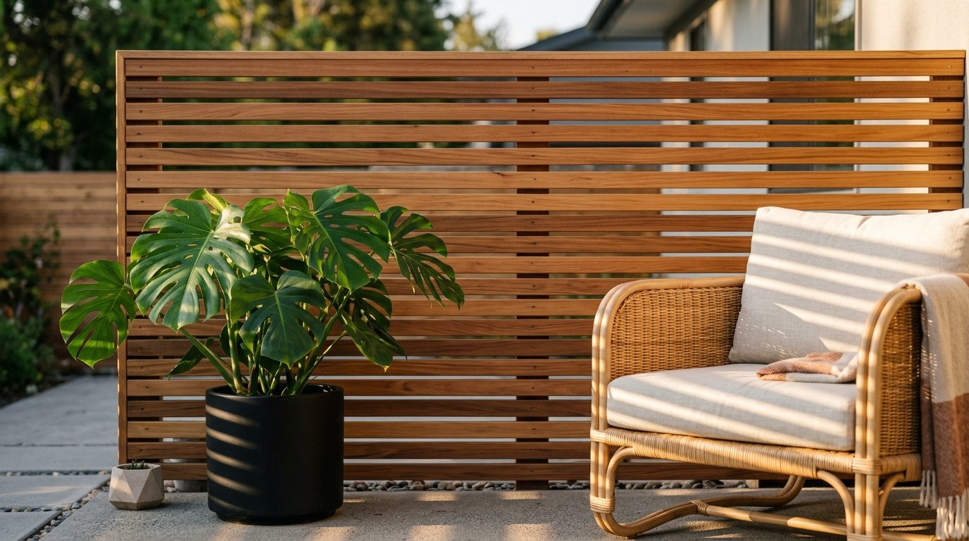 Outdoor privacy screen wood slats 202608010102 DIY patio ideas