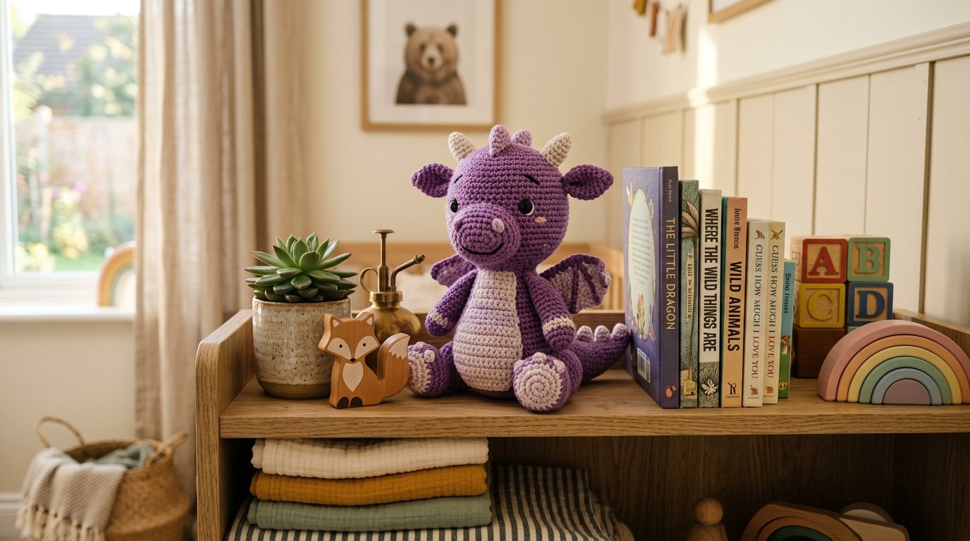 Plush crochet dragon on shelf 202607281714