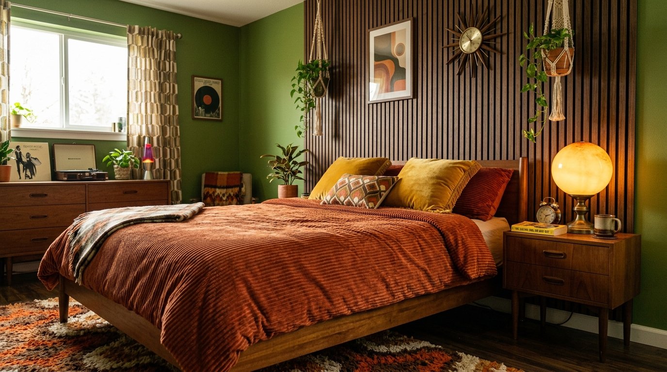 Retro 1970s bedroom avocado green 202607110254 Colorful bedroom ideas