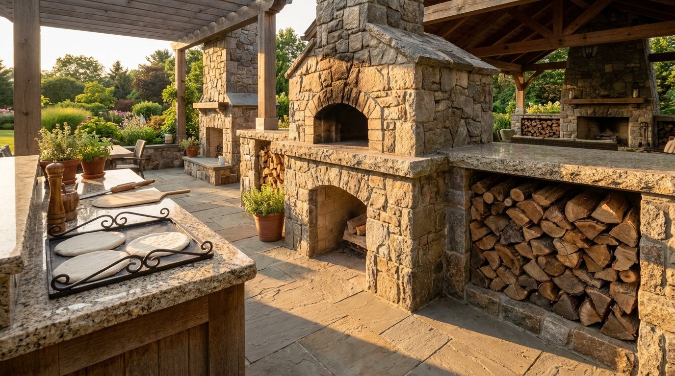 Rustic outdoor kitchen pizza oven 202607212040 Outdoor fire pit ideas