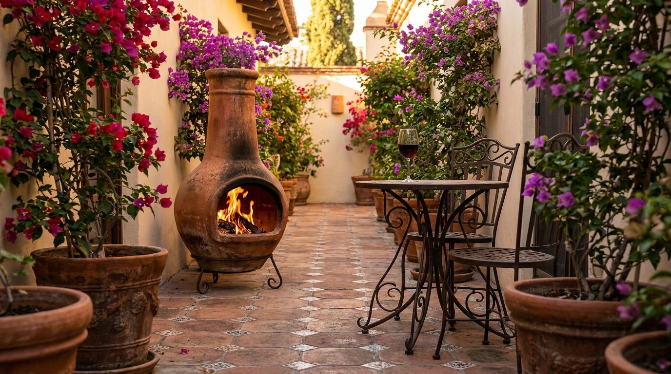 Terracotta chiminea burning wood… 202607212114 Outdoor fire pit ideas