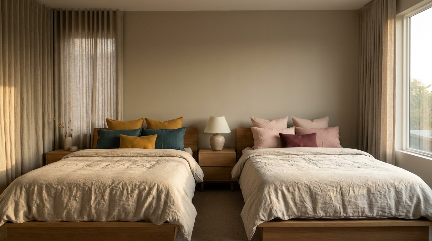 Two beds in greige bedroom 202607231810 Shared bedroom ideas
