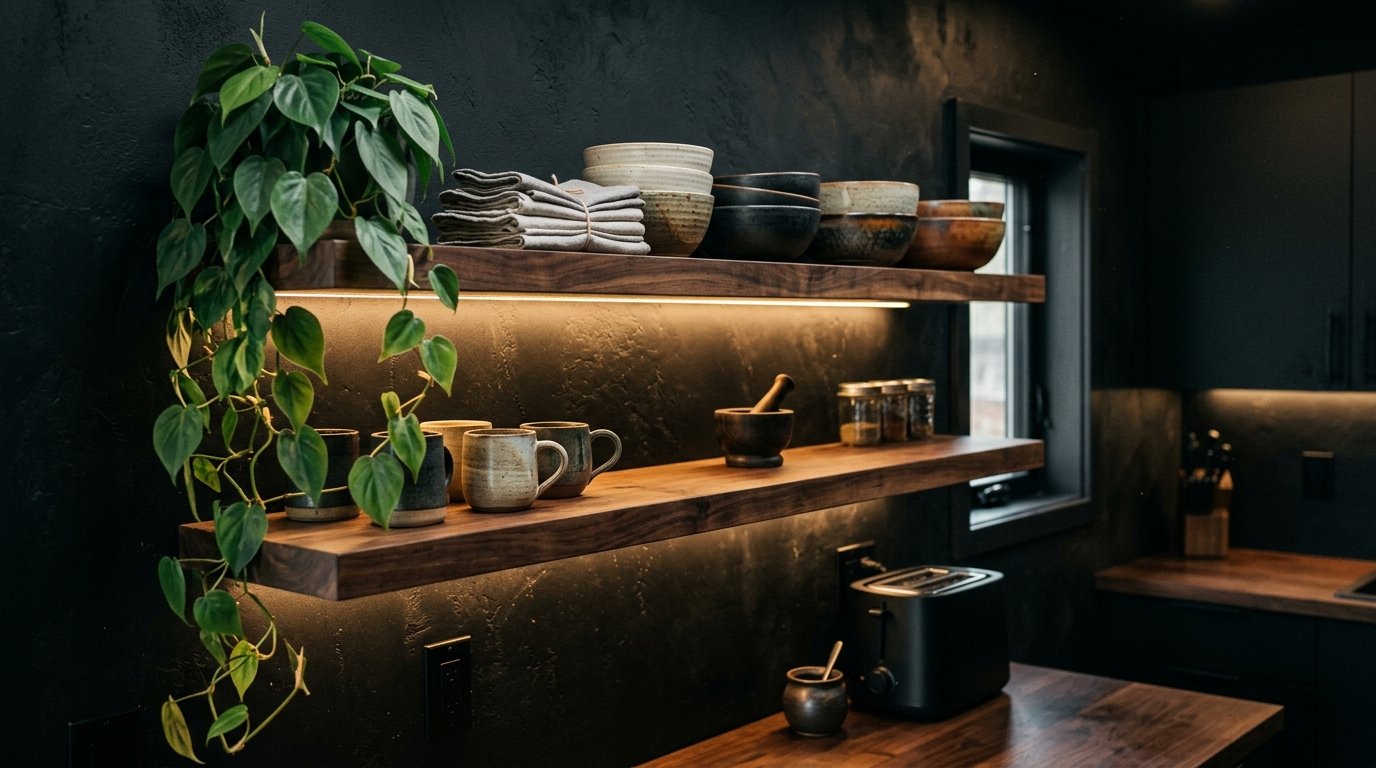 Walnut shelves on black wall 202607090147 Tiny kitchen ideas