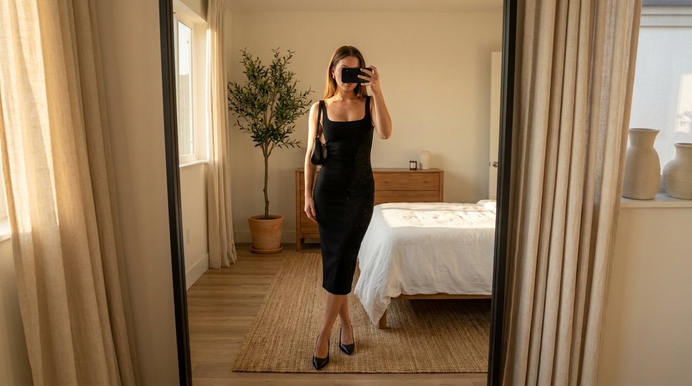 Woman in black dress selfie 202607240230