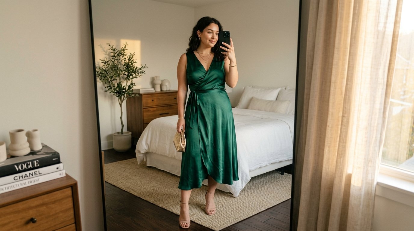 Woman in green dress selfie 202607290022