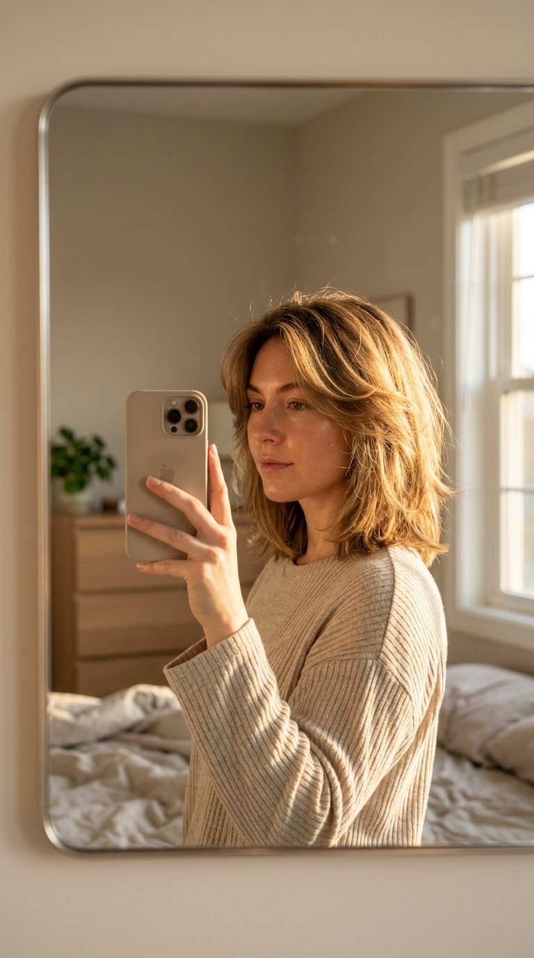 Woman taking iPhone mirror selfie 202607061754