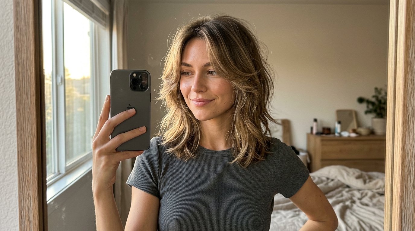 Woman taking iPhone mirror selfie 202607061756 vintage bedroom