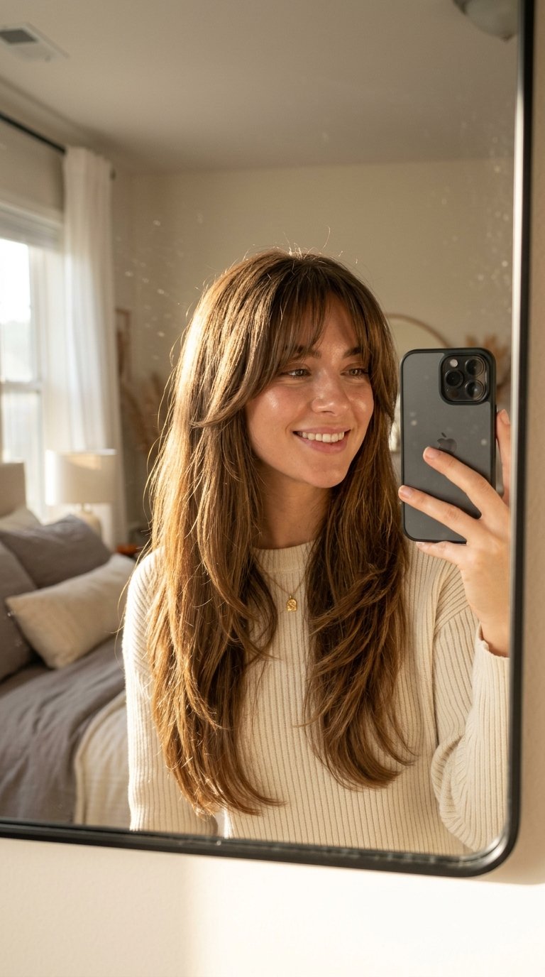 7 Curtain Bangs Hairstyles That Instantly Elevate Your Look 2 Woman taking iPhone selfie 202607130112
