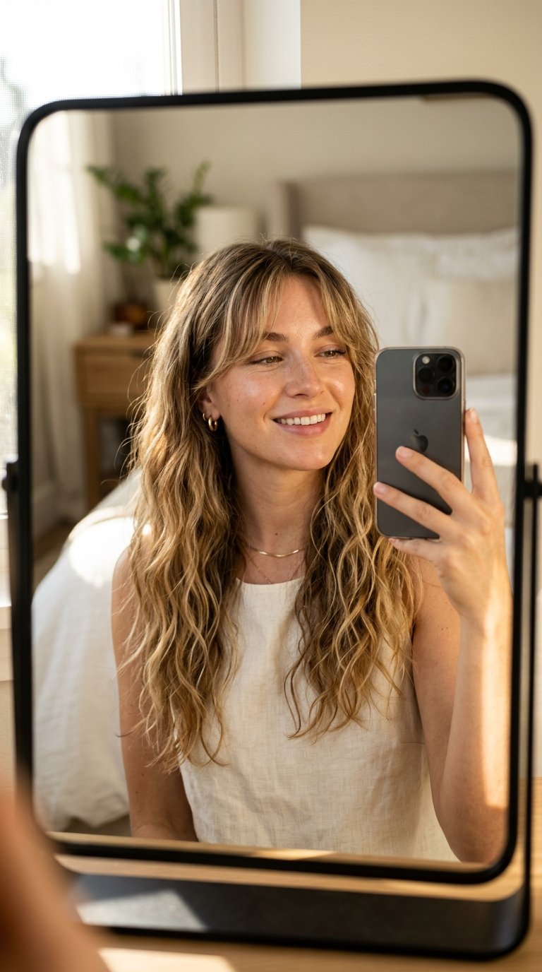 7 Curtain Bangs Hairstyles That Instantly Elevate Your Look 4 Woman taking iPhone selfie 202607130113