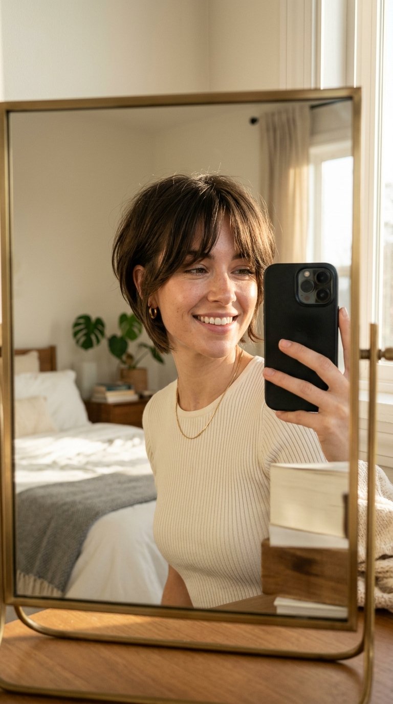 Woman taking iPhone selfie bedroom 202607151512