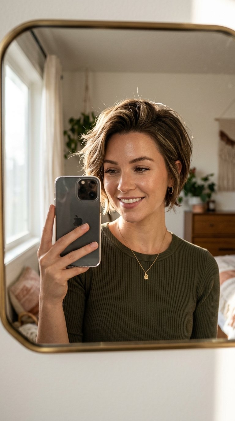 Woman taking iPhone selfie bedroom 202607151516