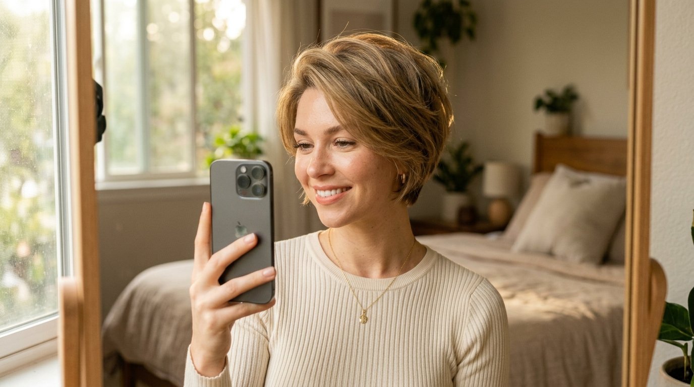 Woman taking iPhone selfie bedroom 202607151517