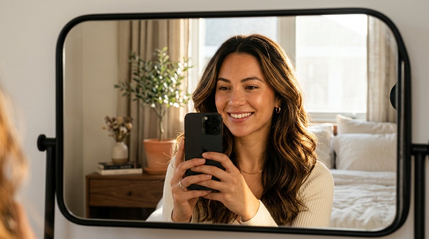 Woman taking iPhone selfie bedroom 202607231546 1 Shared bedroom ideas