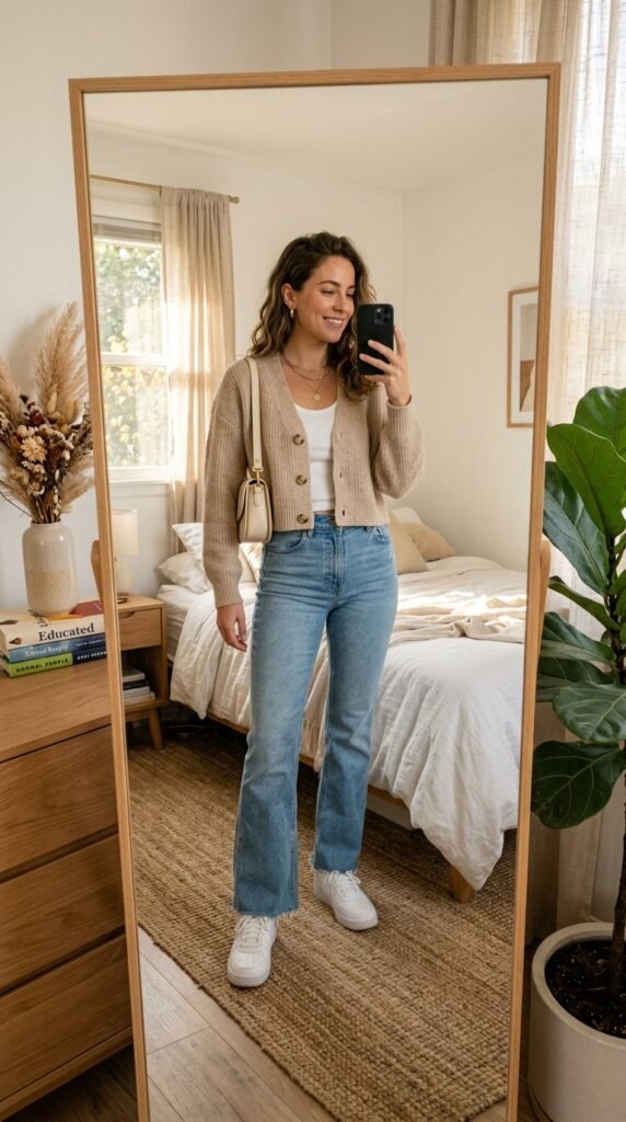 Woman taking iPhone selfie bedroom 202607242138