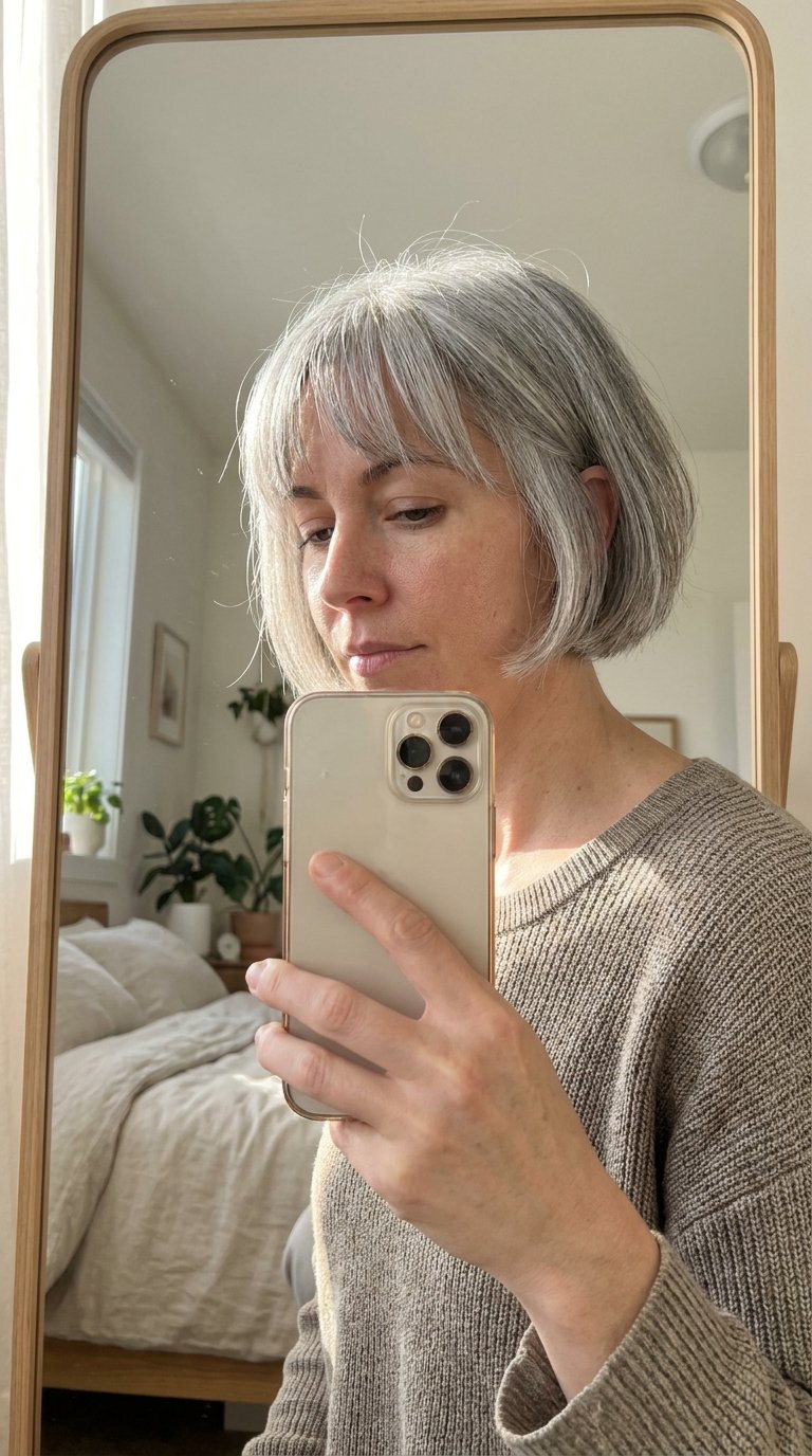 Woman taking iPhone selfie hairs… 202607011634