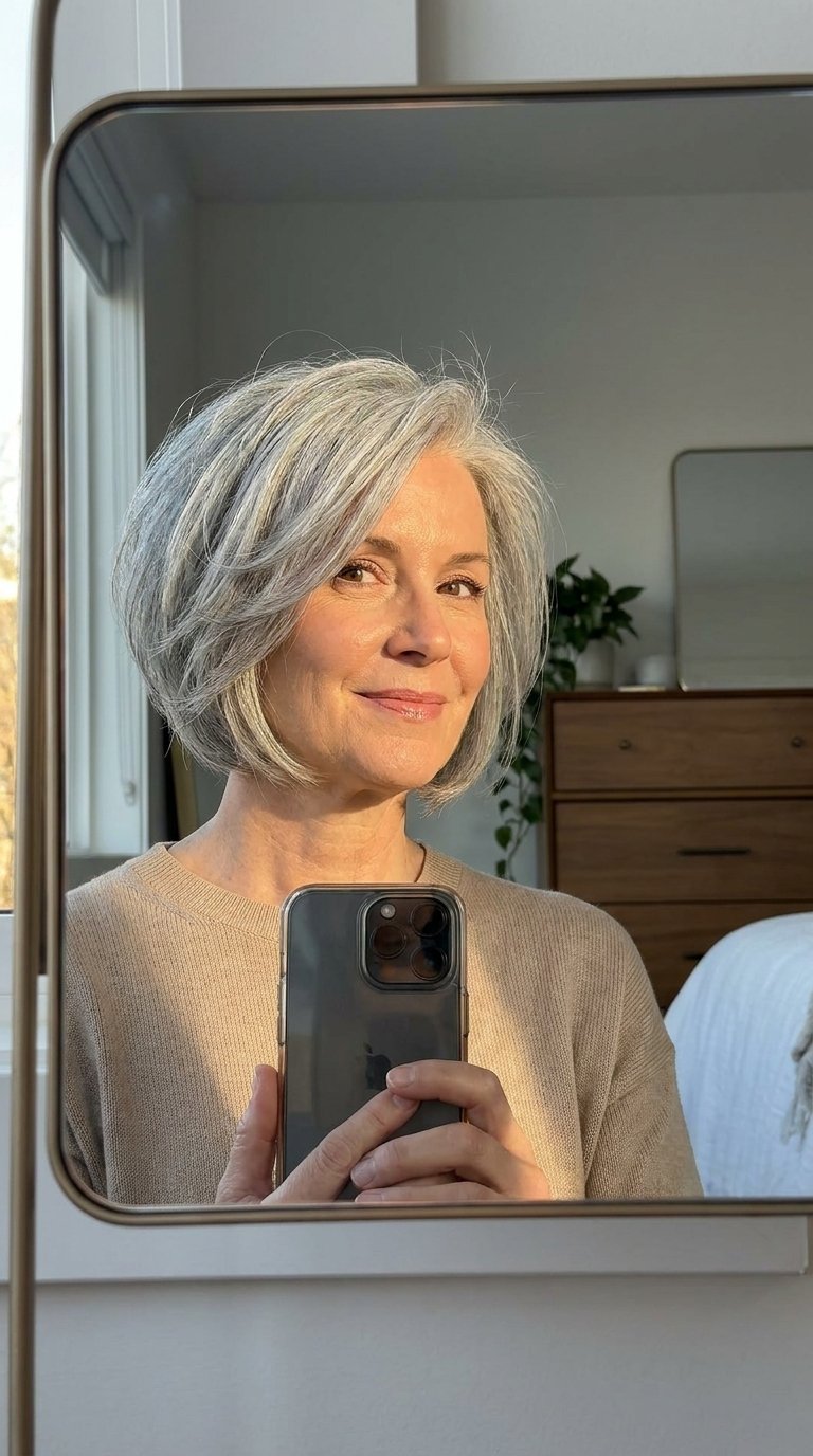 Woman taking iPhone selfie hairs… 202607011635