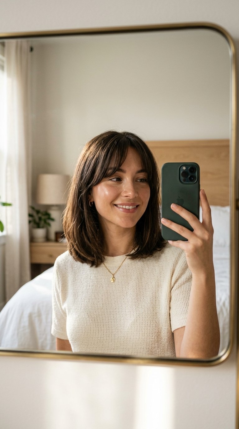 7 Curtain Bangs Hairstyles That Instantly Elevate Your Look 3 Woman taking mirror selfie 202607130113