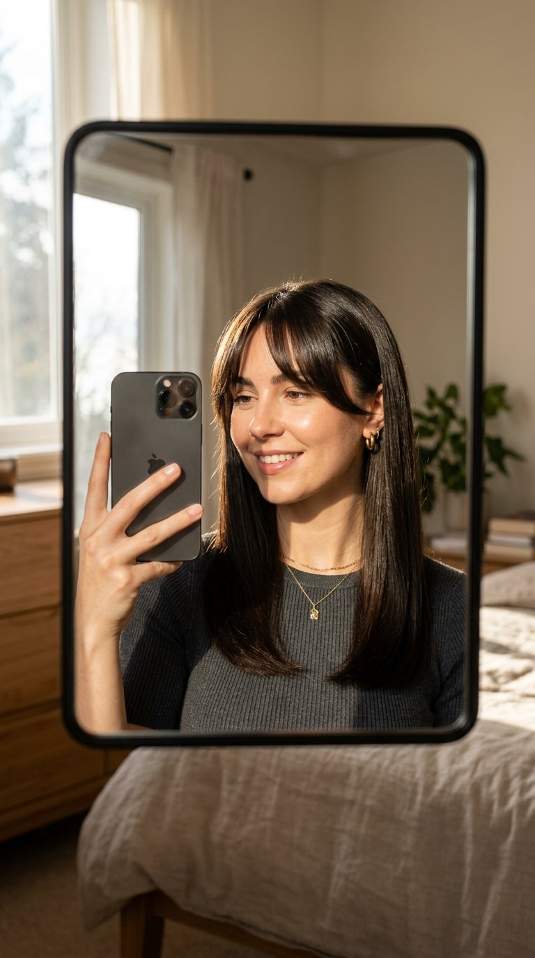 7 Curtain Bangs Hairstyles That Instantly Elevate Your Look 5 Woman taking mirror selfie 202607130114