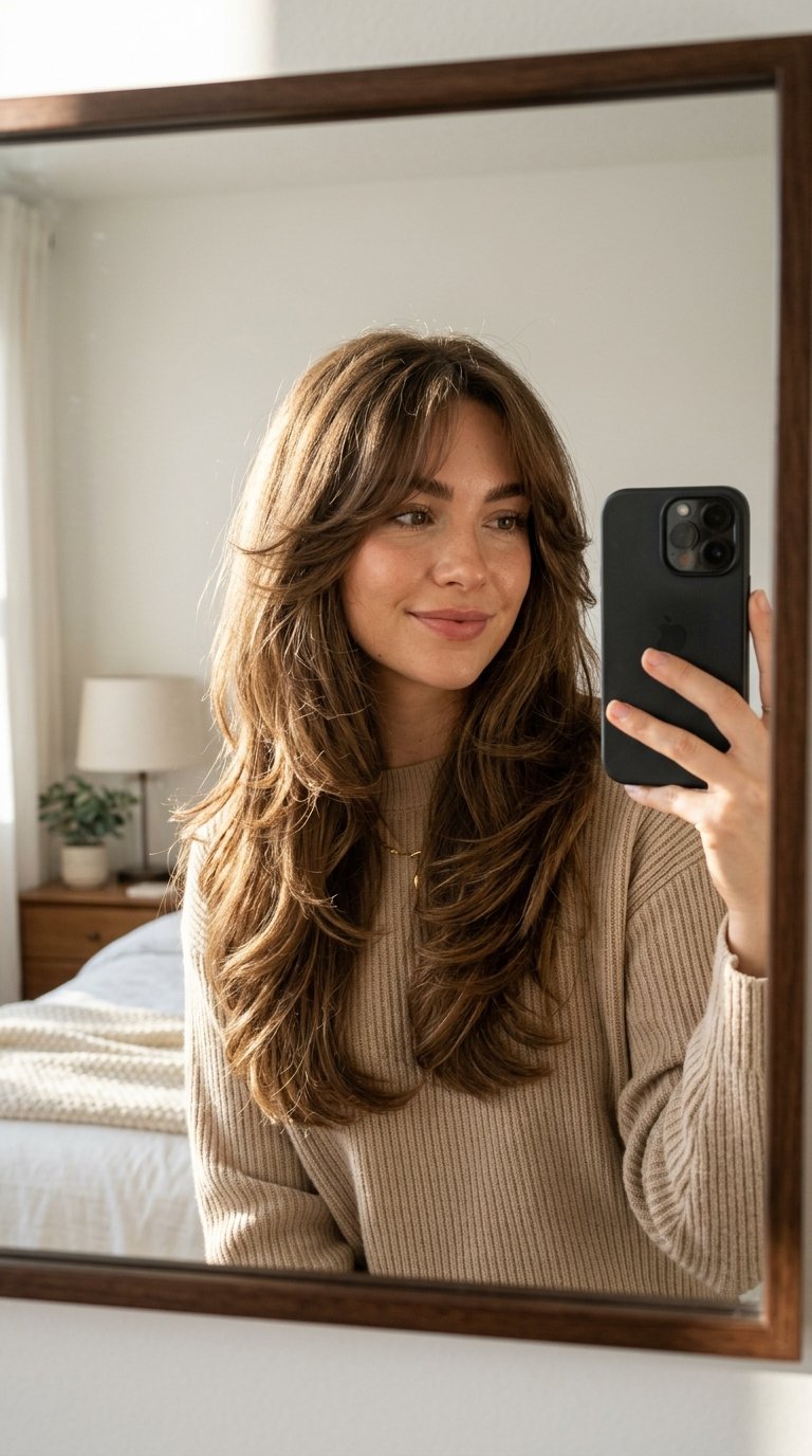 7 Curtain Bangs Hairstyles That Instantly Elevate Your Look 6 Woman taking mirror selfie 202607130115