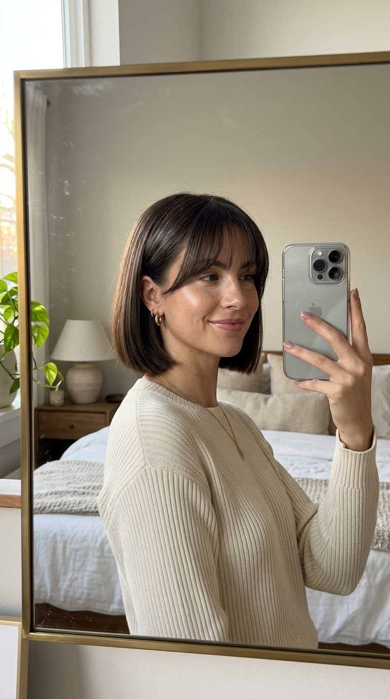 7 Curtain Bangs Hairstyles That Instantly Elevate Your Look 8 Woman taking mirror selfie 202607130116 1