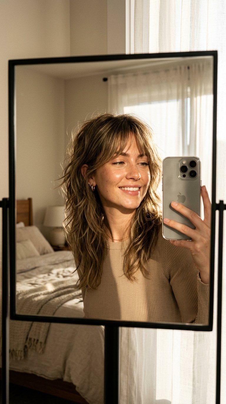 7 Curtain Bangs Hairstyles That Instantly Elevate Your Look 7 Woman taking mirror selfie 202607130116
