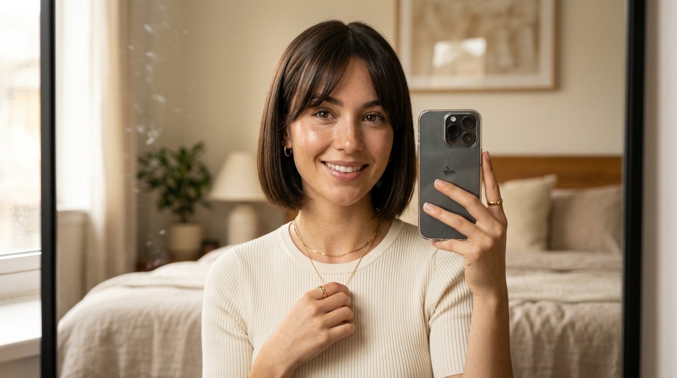 Woman taking mirror selfie 202607130117 living room
