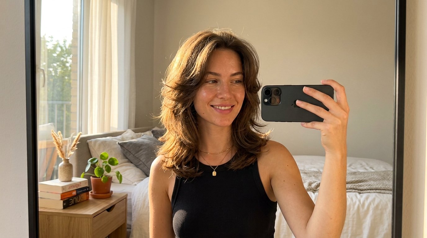 Woman taking mirror selfie hairs… 202607220135