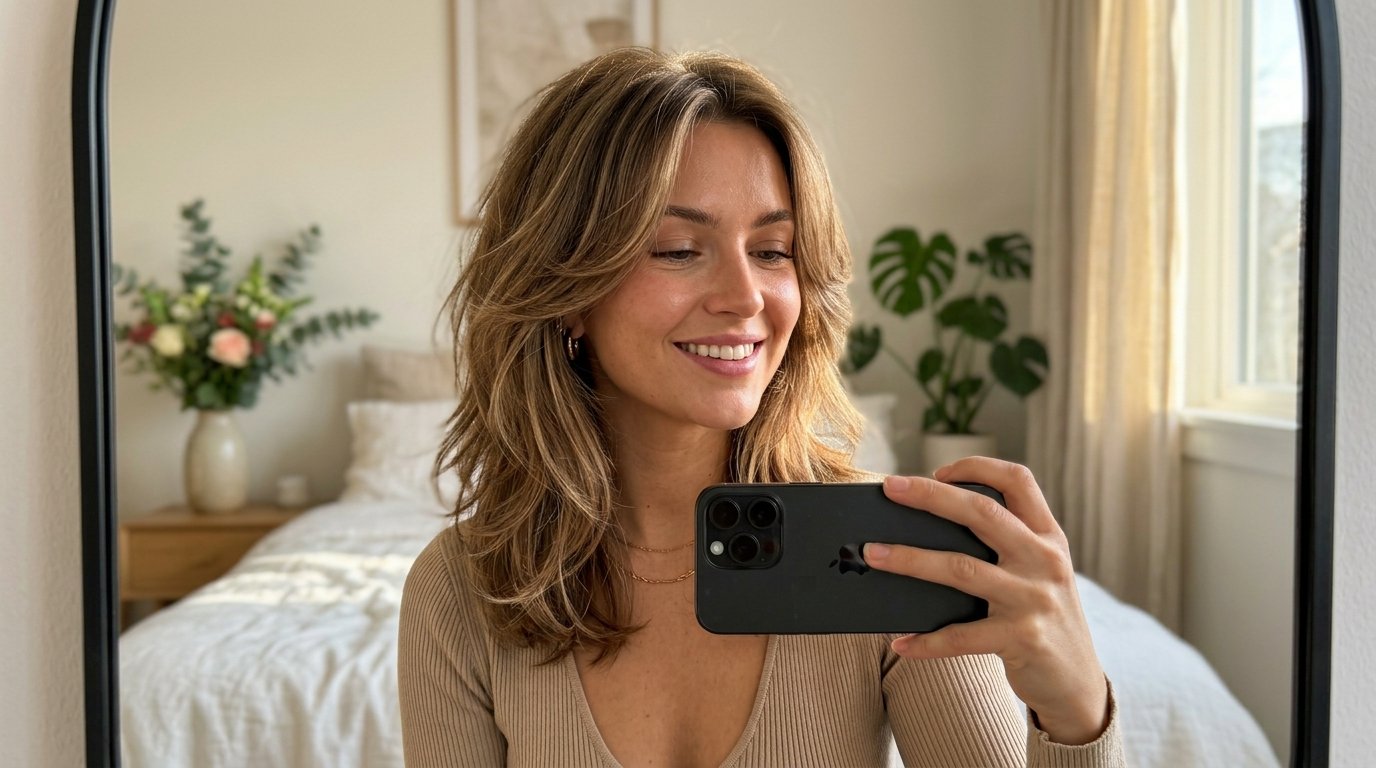 Woman taking mirror selfie hairs… 202607221456