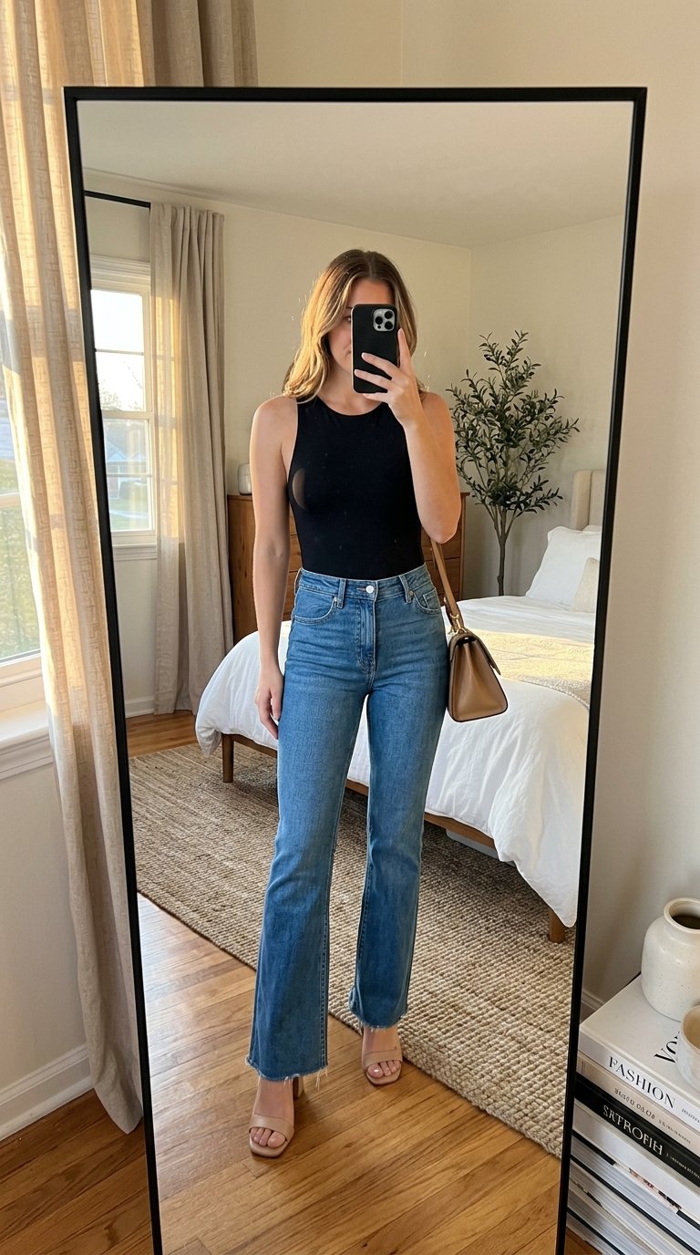 Woman wearing bodysuit flare jeans 202607242144