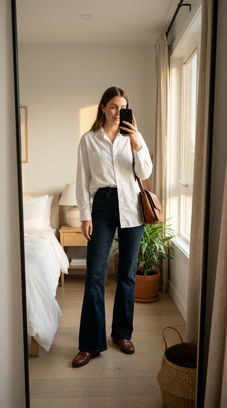 Woman wearing button down shirt … 202607242141