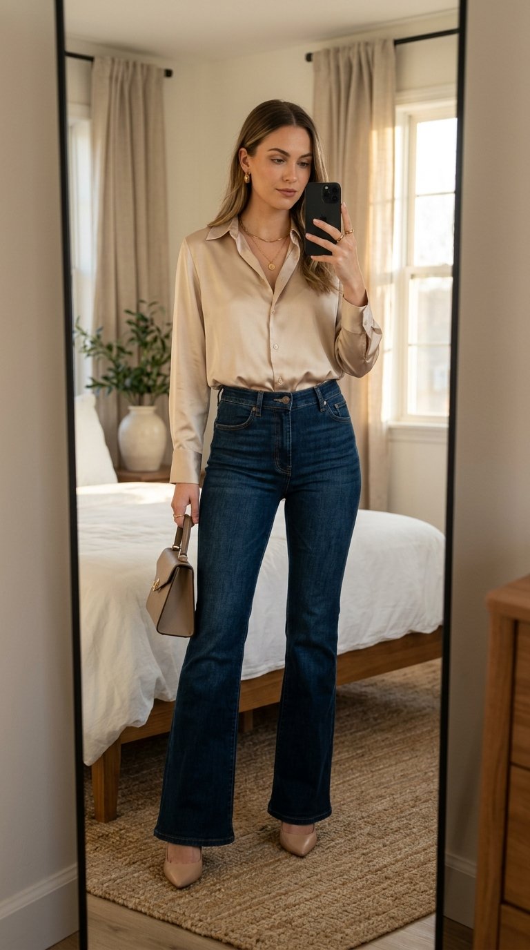 Woman wearing satin blouse flare… 202607242145