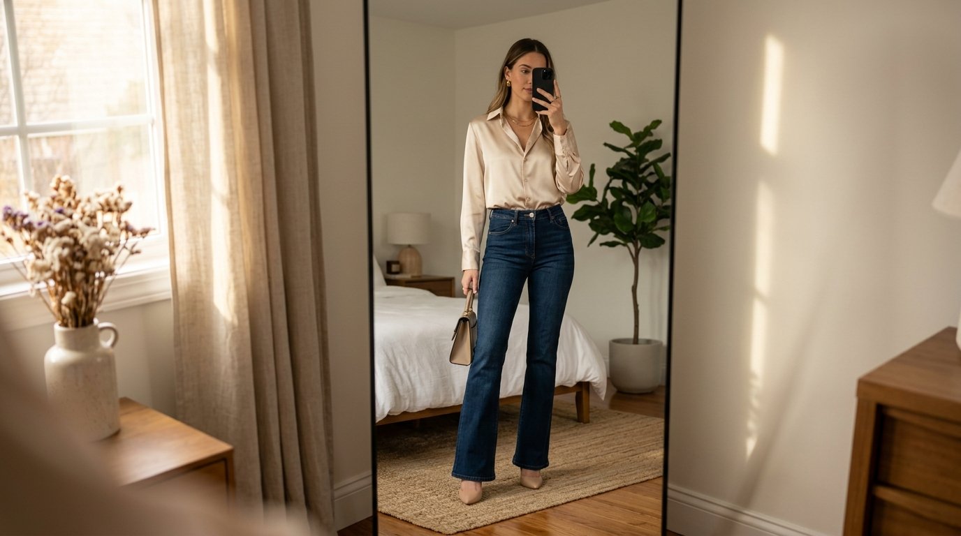 Woman wearing satin blouse flare… 202607242150
