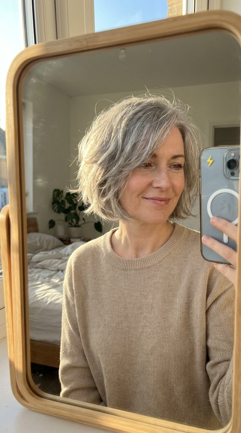 Woman with grey bob hairstyle 202607011629
