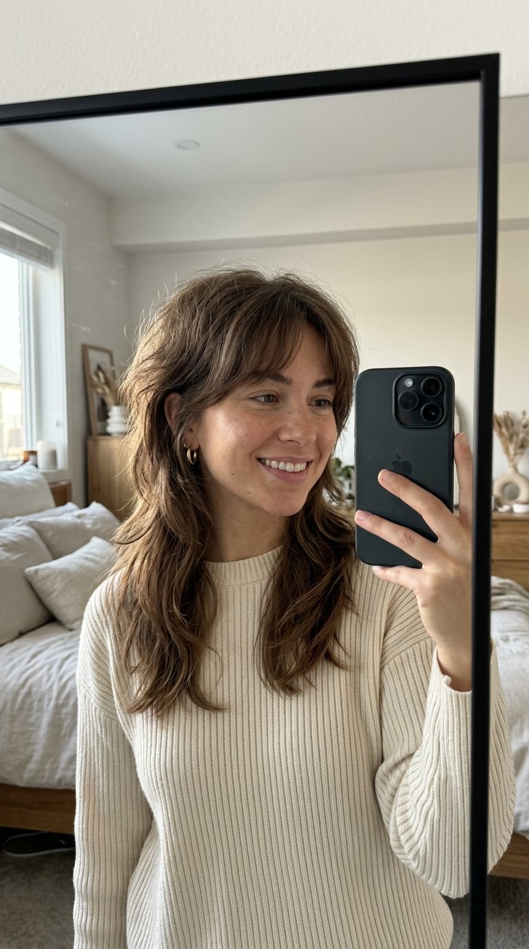 Woman with mullet haircut selfie 202607141808