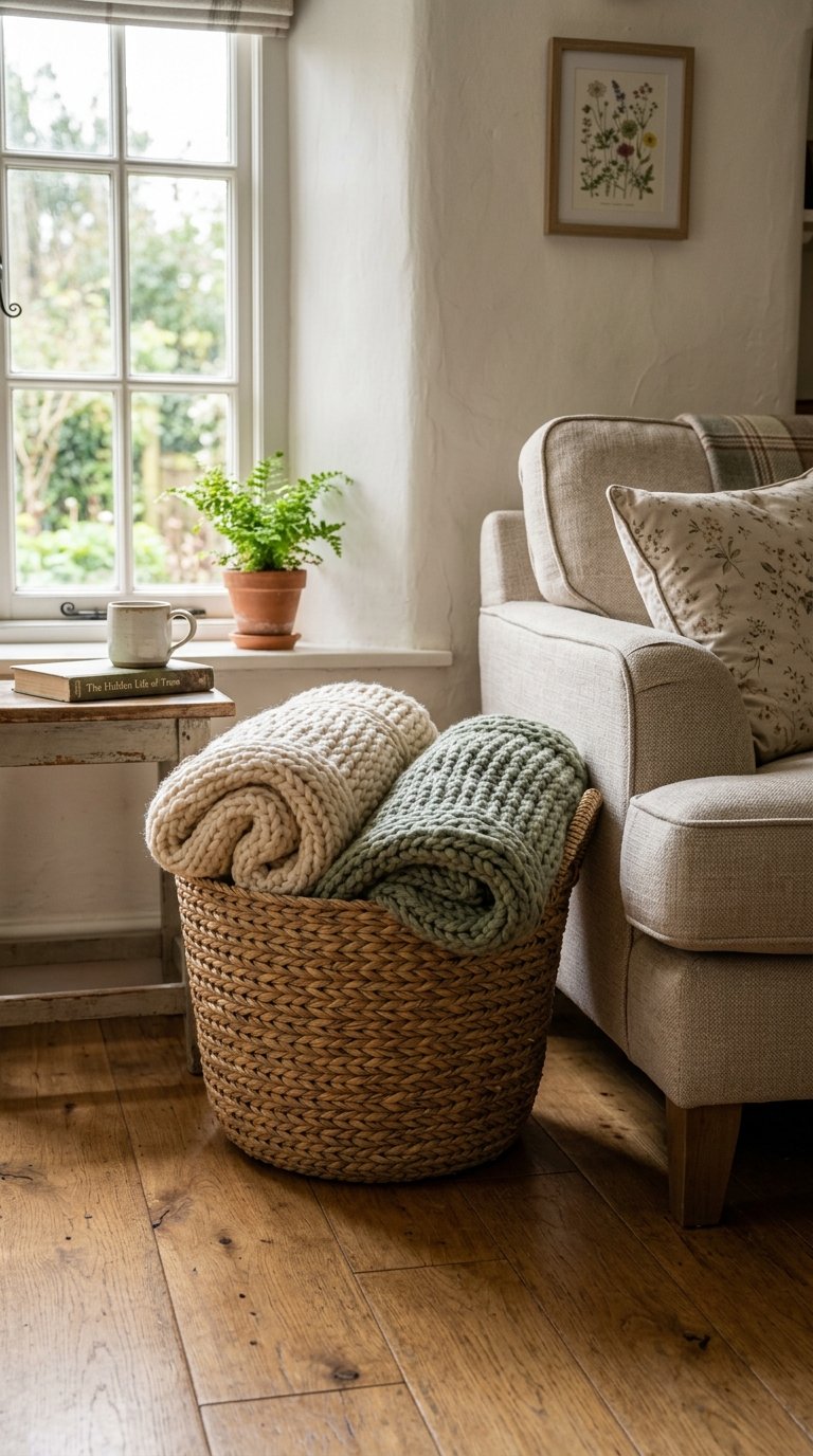 Woven basket with blankets sofa 202607051743 budget friendly living room ideas