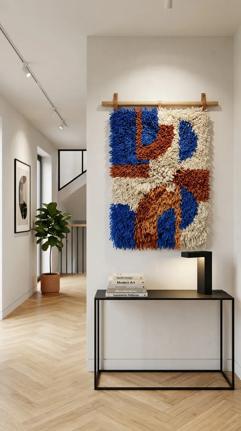 Modern abstract latch hook yarn wall art hanging above a console