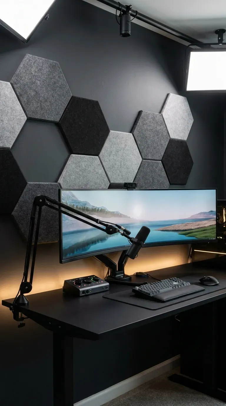 10 Must-Try Gaming Room Ideas That Look Insane 4 A gaming setup featuring stylish grey acoustic hexagon panels on the wall