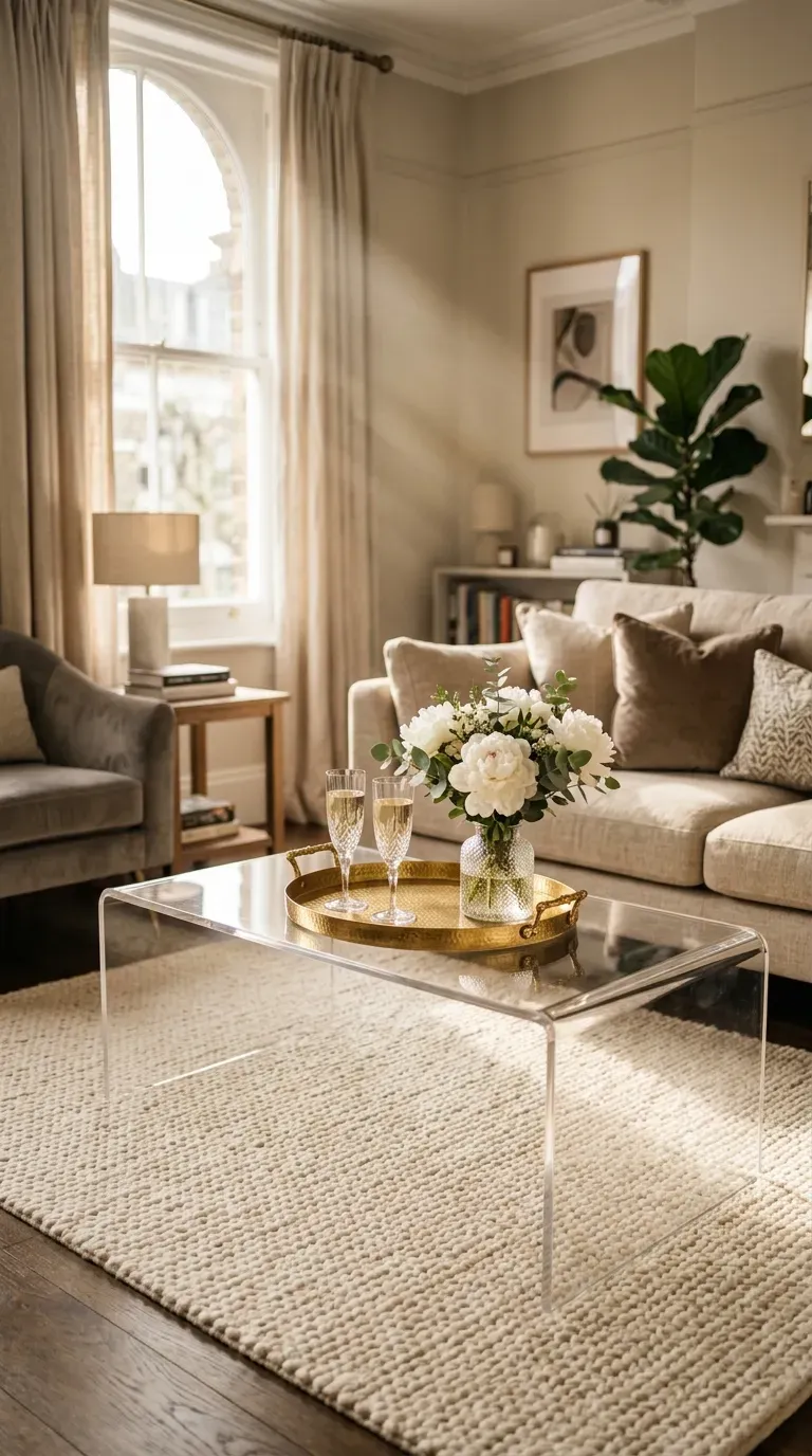 13 Genius Small Apartment Living Rooms You Need to Copy 3 Clear acrylic coffee table on a textured rug