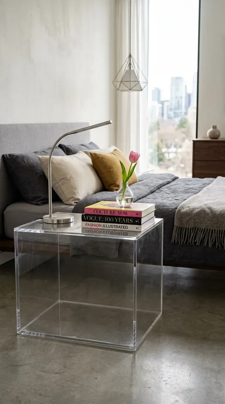 15 Genius Aesthetic Room Ideas You Need to Try 15 A clear acrylic nightstand holding a stack of books and a lamp