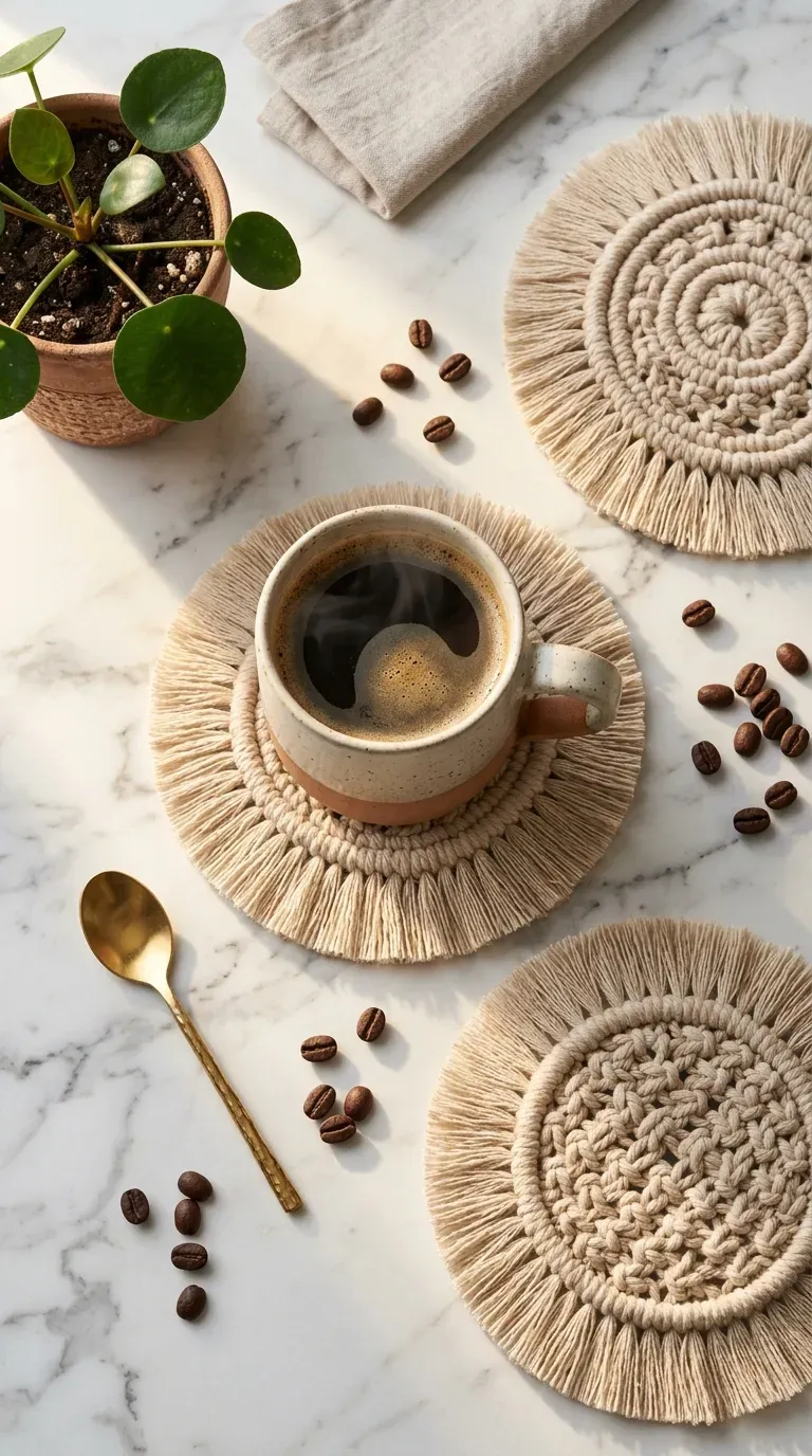 A flat lay of circular macrame coasters with a hot coffee cup