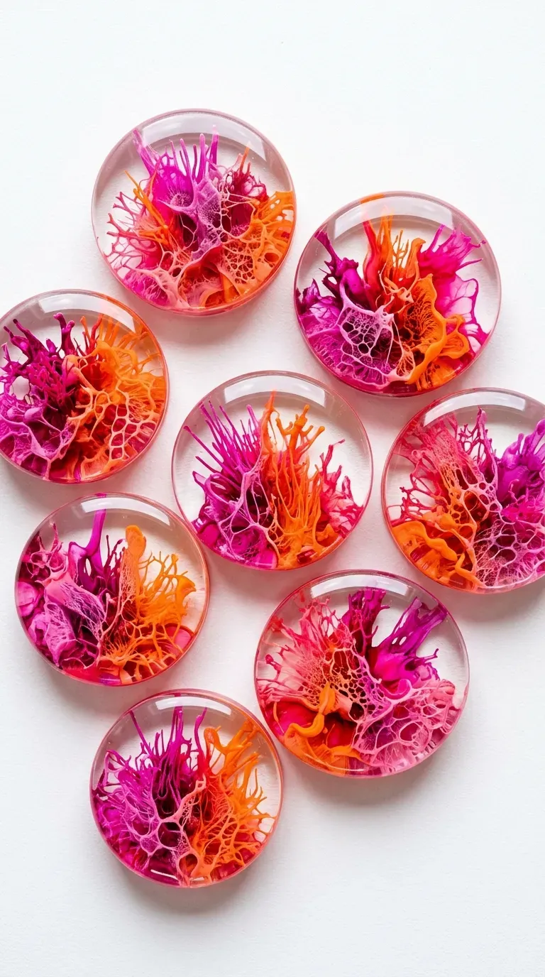 Round clear resin pieces with vibrant 3D alcohol ink blooms inside
